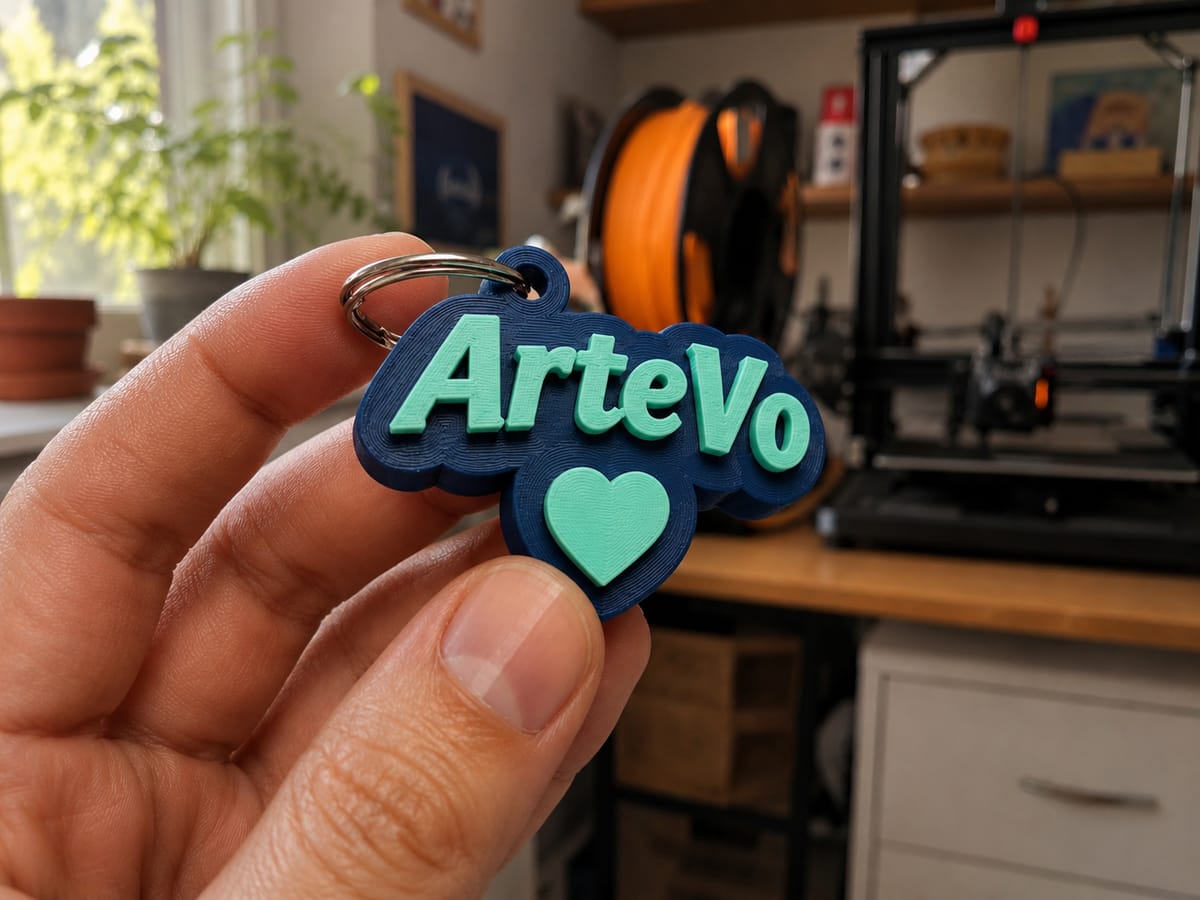Una mano sostiene un llavero impreso en 3D que dice ArteVo, con un corazón, frente a la impresora y un carrete de filamento naranja del taller.